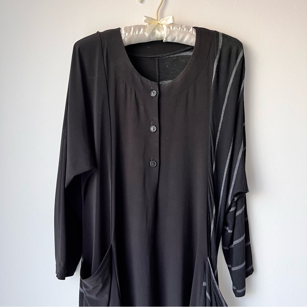 Heydari Dress Womens (M/L) Wearable Art Black Grey Stripe Midi Pockets Lagenlook - Picture 3 of 14